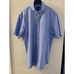 Lands' End Supina No Iron Oxford Shirt Check SS Button Up Traditional Fit 17 1/2